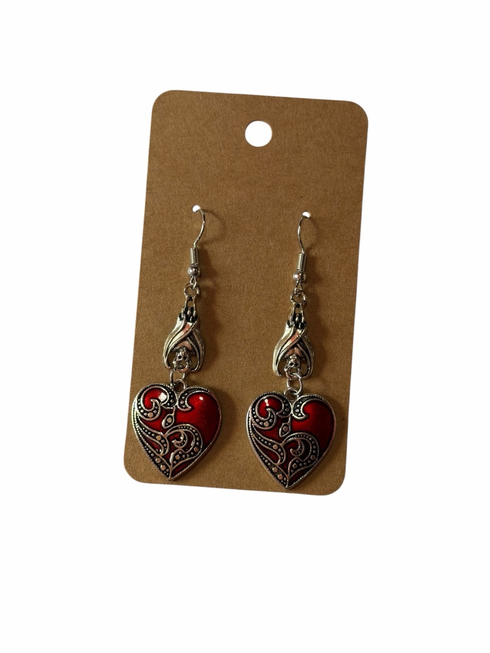 Silver-Tone Red Heart Silver Bat Drop Earrings